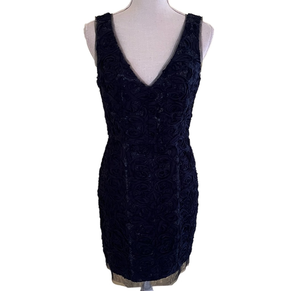 BCBGMaxAzria Navy Blue "Marissa" V-Neck Rosette Embellished Shift Dress 8